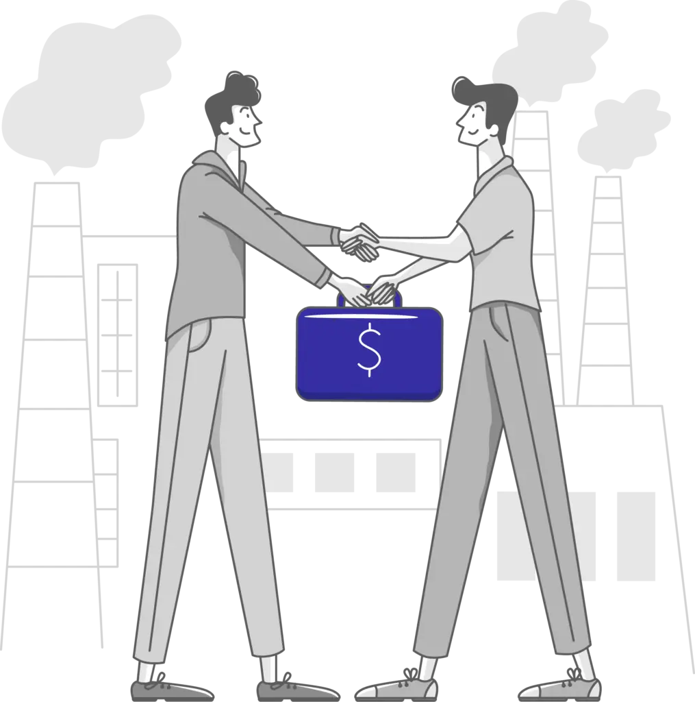 Illustration of two men shaking hands over a briefcase with a money symbol on it. In the background are illutrations of smoke stacks.