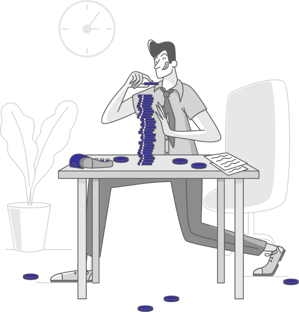 Illustration of a man crouching and concentrating whilst trying to balance a tower of coin on his desk. This desk has a calculator, more coins and papers on it. Coins are also scattered on the floor.