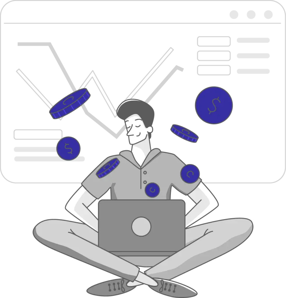 Illustration of a man sitting crosslegged contently doing accounting work on a laptop placed in his lap. Money and finance symbols are hovering around him coming from the laptop.