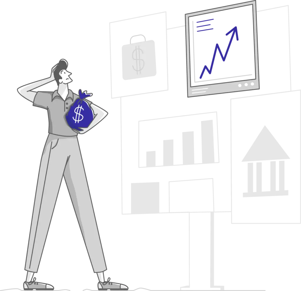 Illustration of a man holding a bag of money in one hand and scratching his head in confusion with the other. He is looking at a wall of finance symbols and an upward trending chart, wondering how to invest.