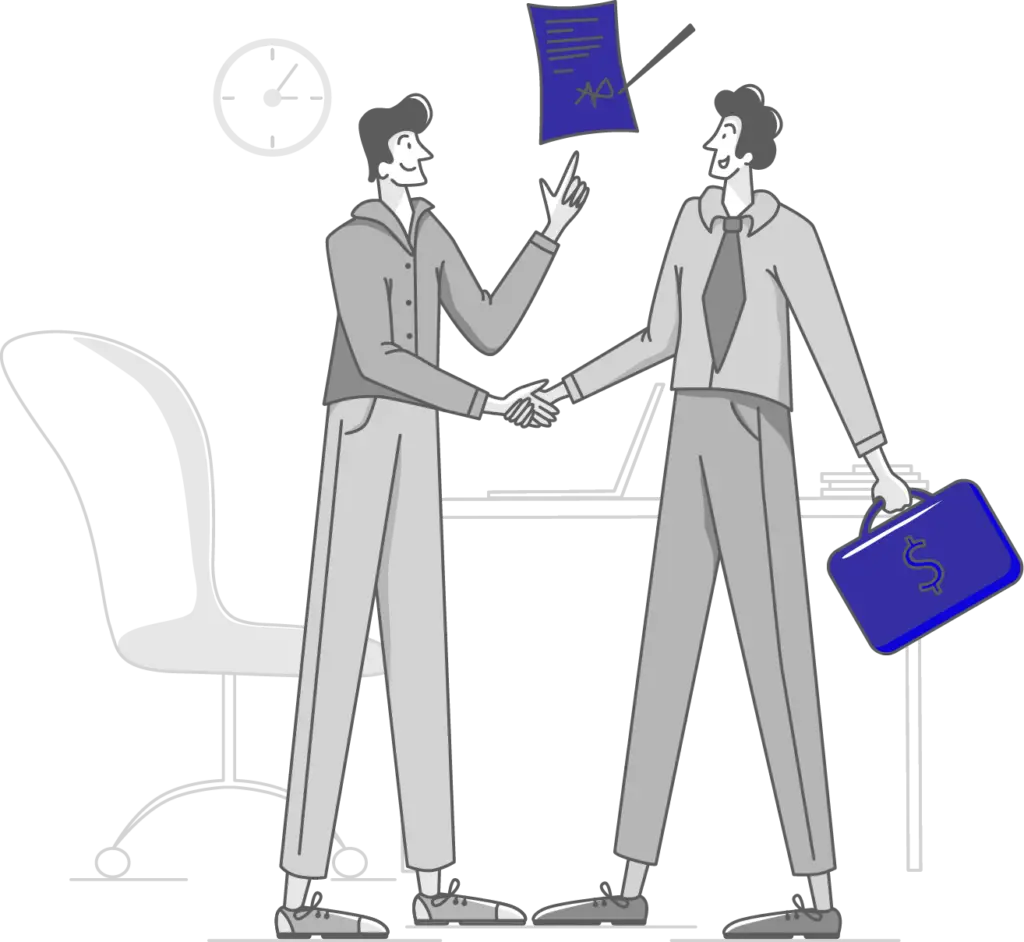 Illustration of two business men shaking hands while a business contract with new signature floats over them