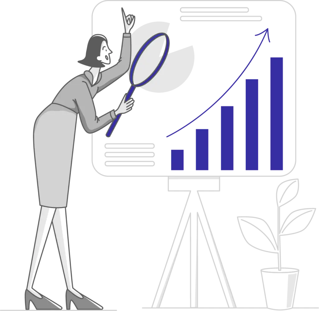 Illustration of woman holding a magnifying glass and examining a upward trending finance or accounting chart. She is pointing upwards and appears to be speaking.