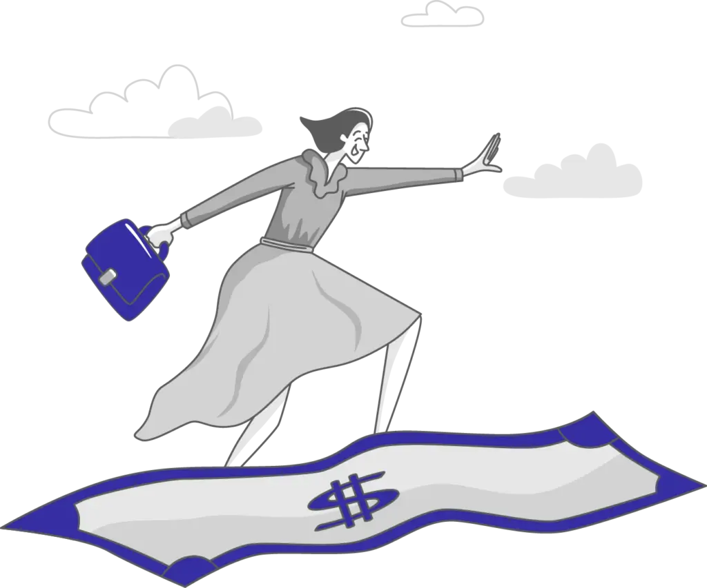 Illustration of a woman standing and flying happily on a large money bill like it is a magic carpet. She holds a breifcase in one hand and has her other hand outstretched.