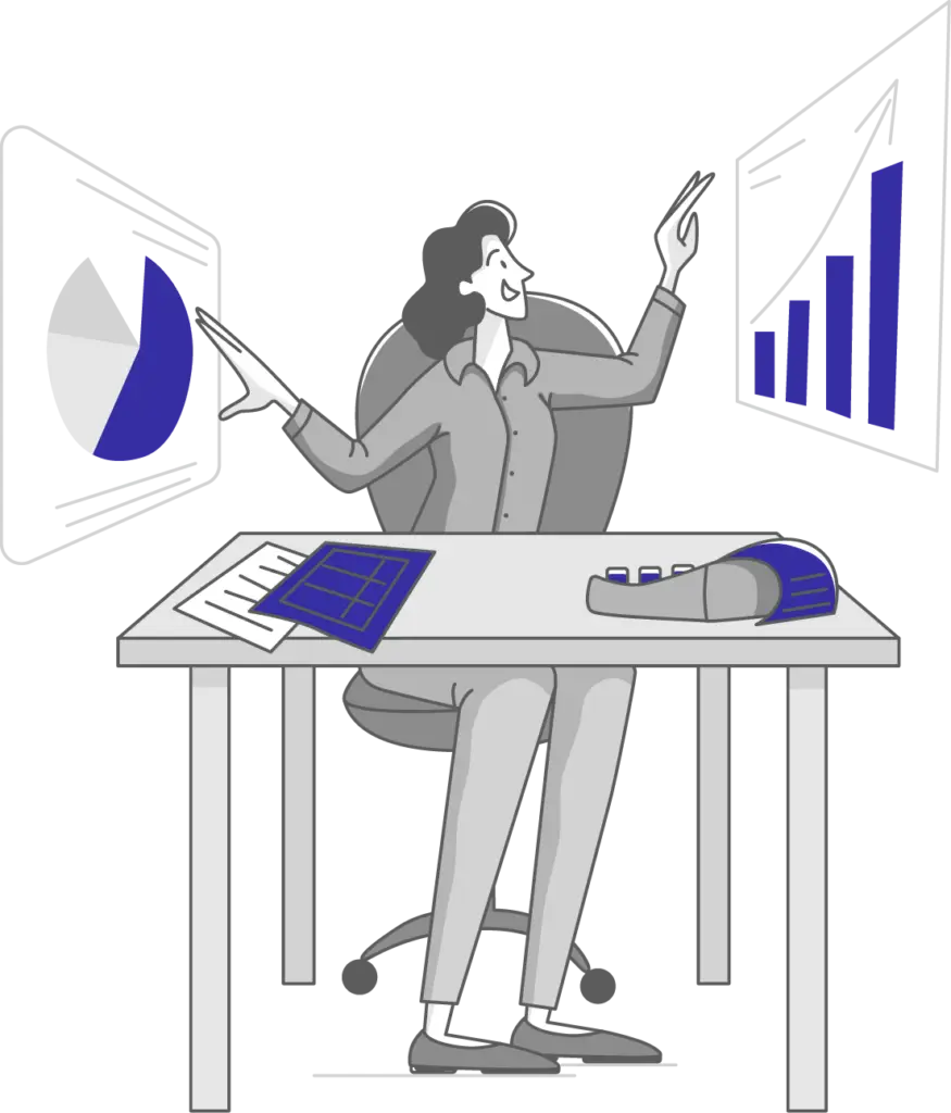 Woman happily sitting at a desk reaching out to chart symbols as if she is manipulating and working on them. On the desk are reports and a calulator.